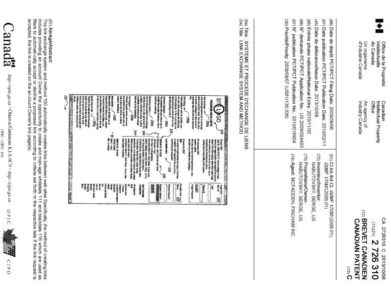 Document de brevet canadien 2726310. Page couverture 20121211. Image 1 de 1