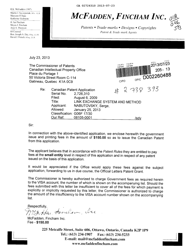 Document de brevet canadien 2726310. Correspondance 20130723. Image 1 de 1