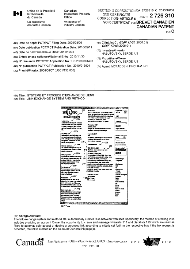 Canadian Patent Document 2726310. Cover Page 20131231. Image 1 of 2