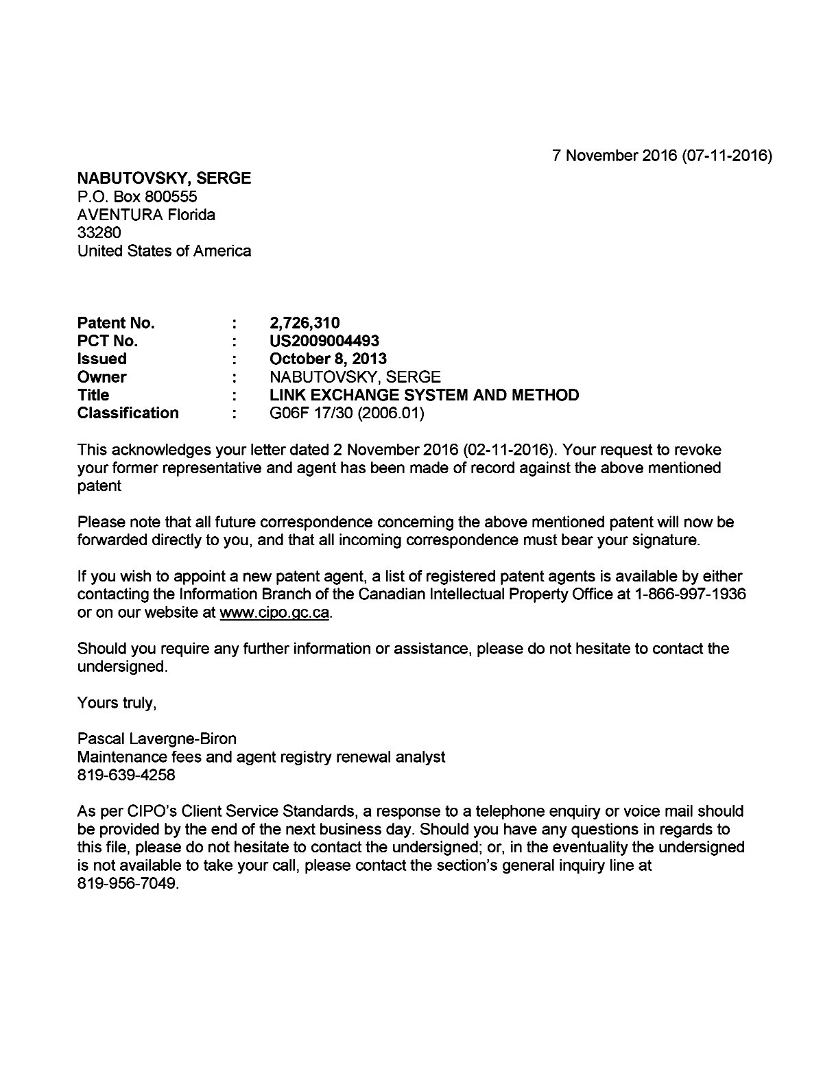 Canadian Patent Document 2726310. Correspondence 20151207. Image 1 of 1