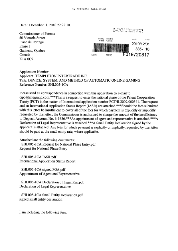 Document de brevet canadien 2726551. Cession 20101201. Image 1 de 9