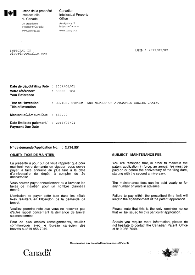 Document de brevet canadien 2726551. Correspondance 20110202. Image 1 de 1