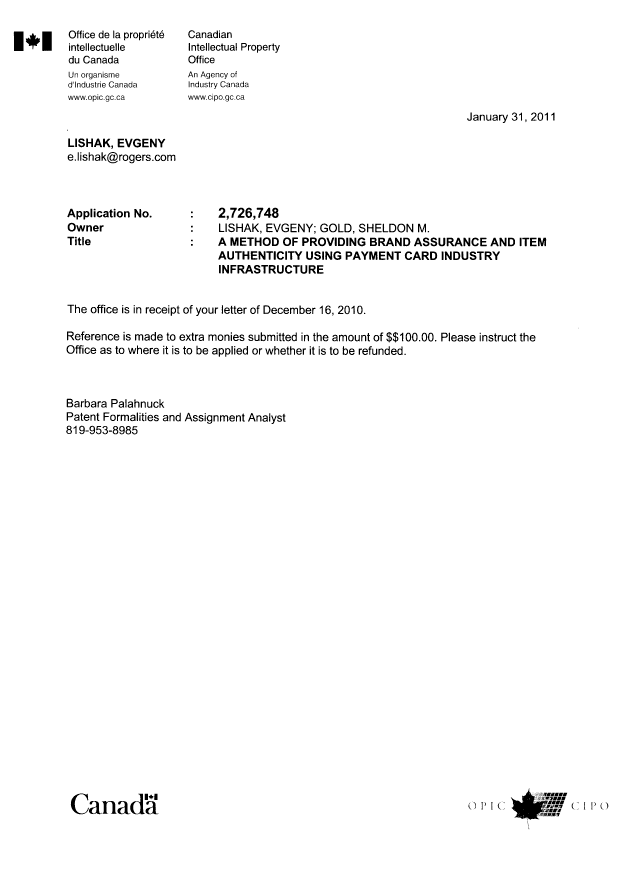 Document de brevet canadien 2726748. Correspondance 20110131. Image 1 de 1