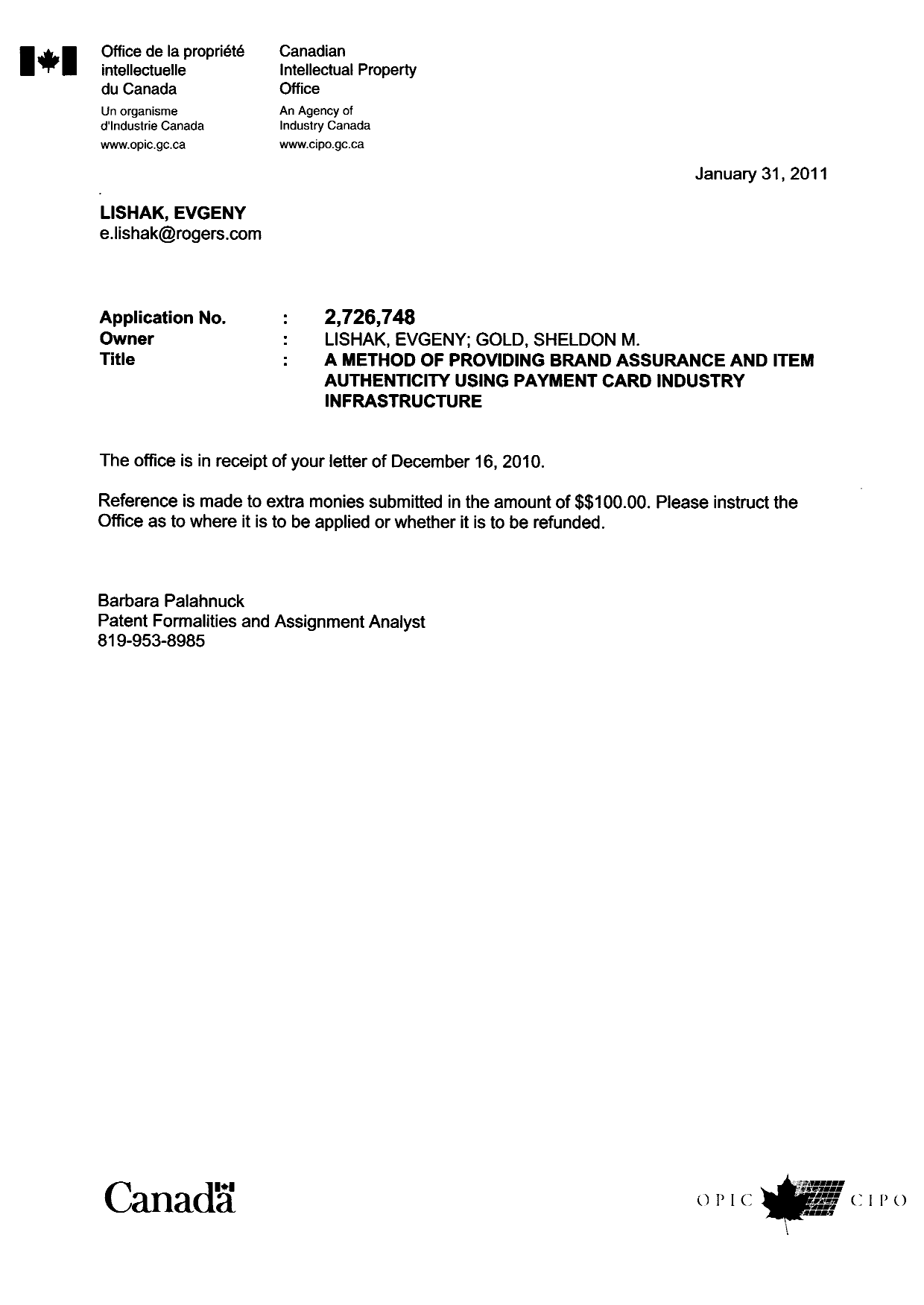 Canadian Patent Document 2726748. Correspondence 20110131. Image 1 of 1