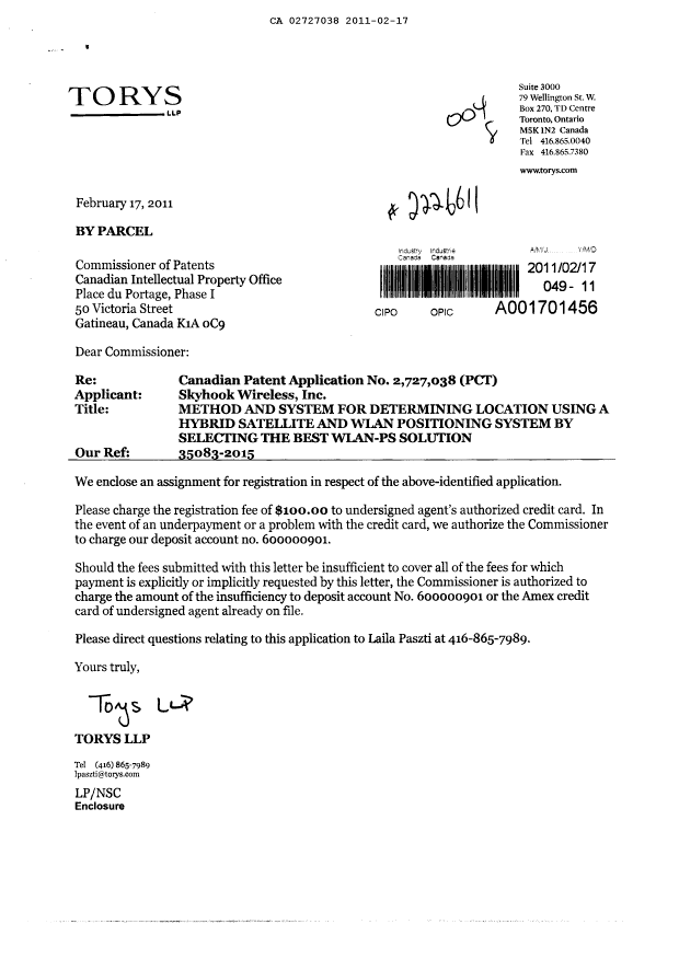 Canadian Patent Document 2727038. Assignment 20110217. Image 1 of 2