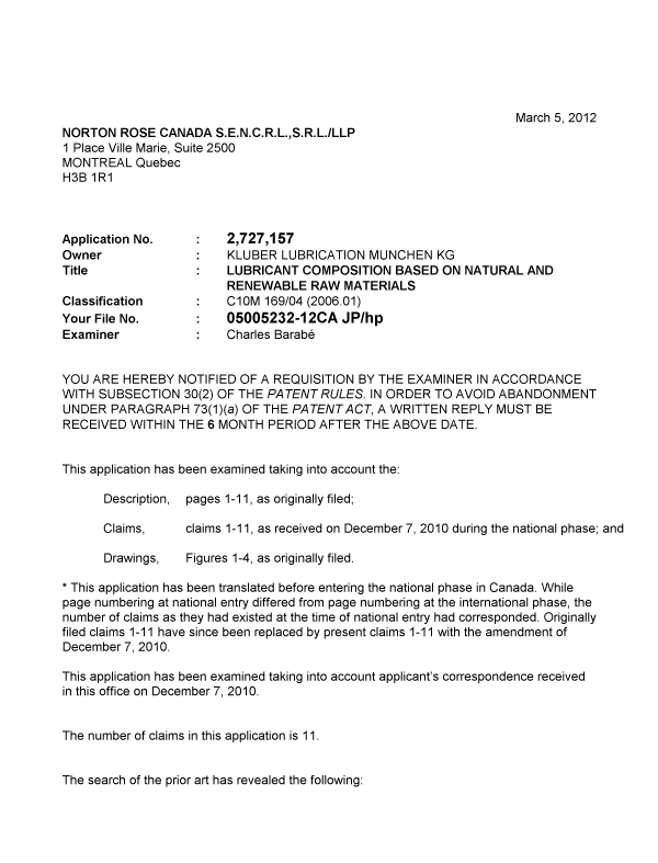 Document de brevet canadien 2727157. Poursuite-Amendment 20120305. Image 1 de 6
