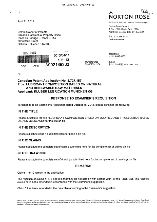 Document de brevet canadien 2727157. Poursuite-Amendment 20130411. Image 1 de 10