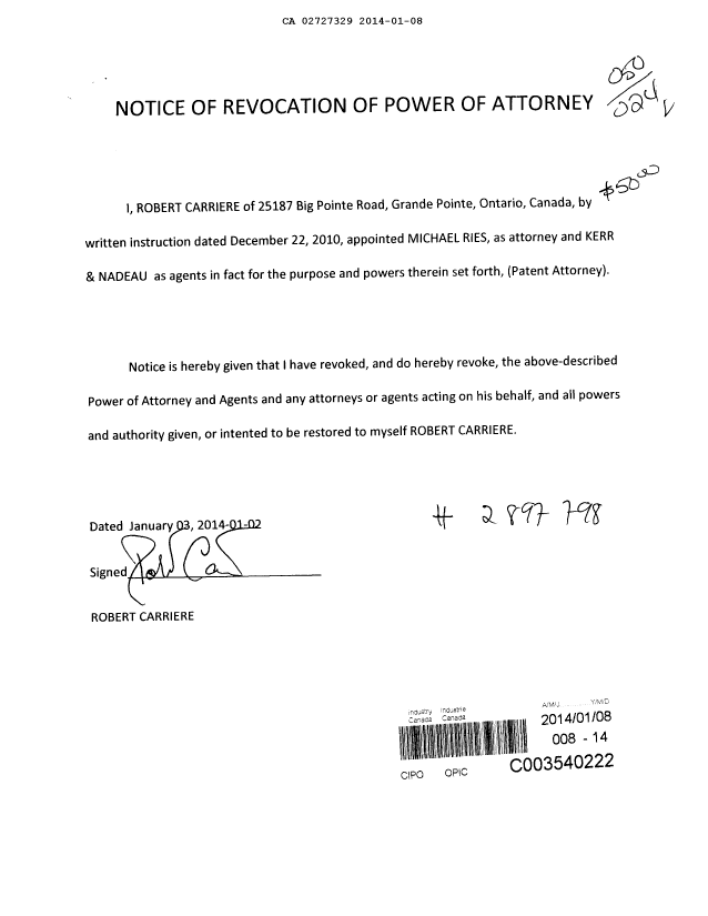 Canadian Patent Document 2727329. Fees 20140108. Image 1 of 2