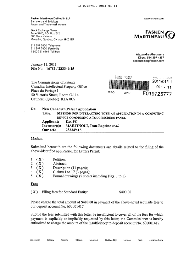 Canadian Patent Document 2727470. Assignment 20110111. Image 1 of 4
