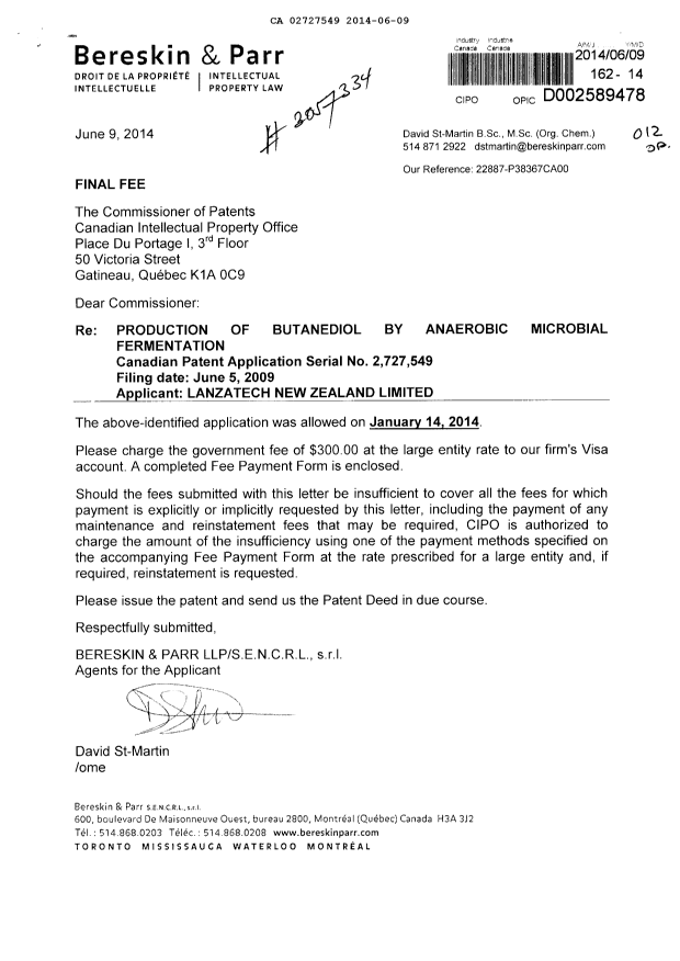 Document de brevet canadien 2727549. Correspondance 20131209. Image 1 de 1