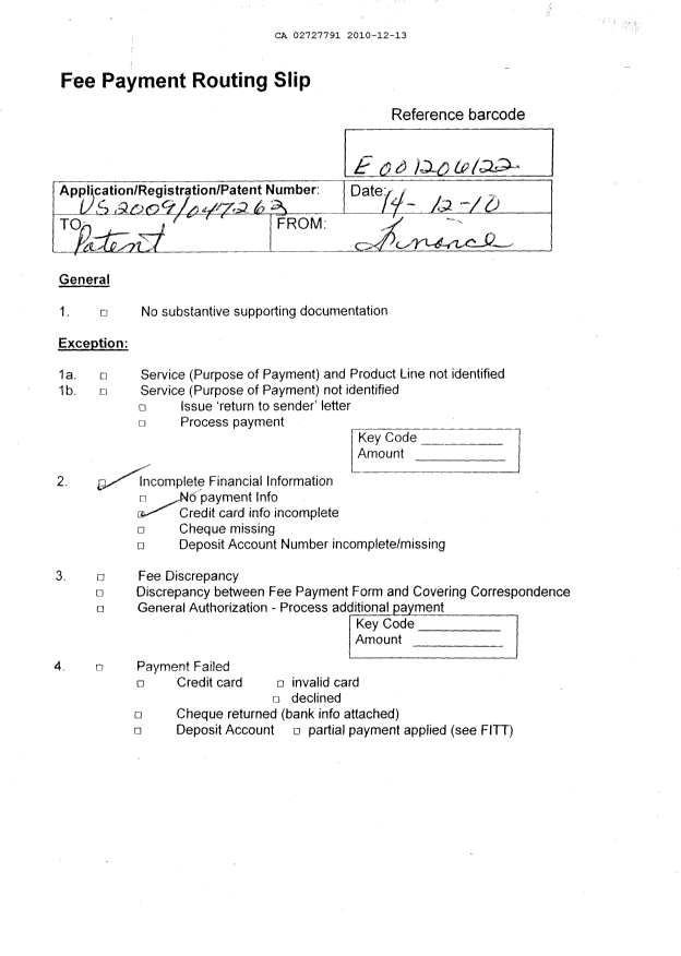 Document de brevet canadien 2727791. Correspondance 20101213. Image 1 de 7