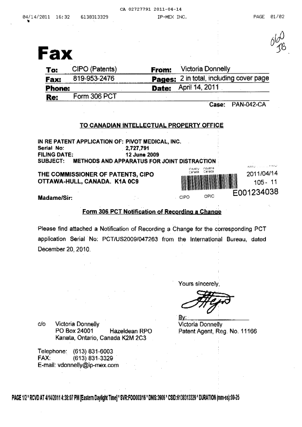 Document de brevet canadien 2727791. Correspondance 20110414. Image 1 de 2