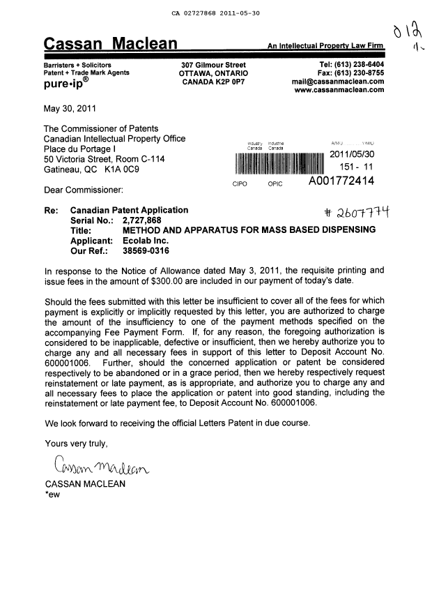 Canadian Patent Document 2727868. Correspondence 20110530. Image 1 of 1
