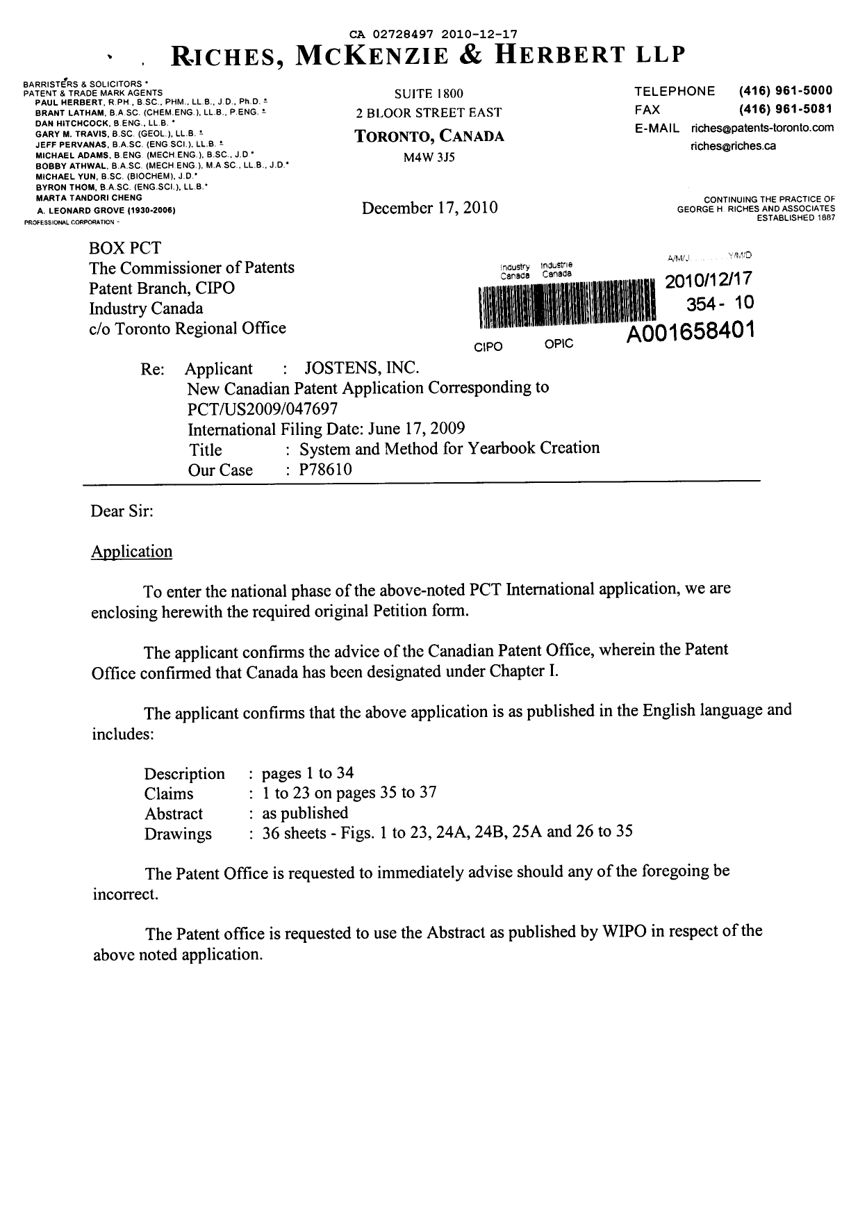 Document de brevet canadien 2728497. Cession 20091217. Image 1 de 4