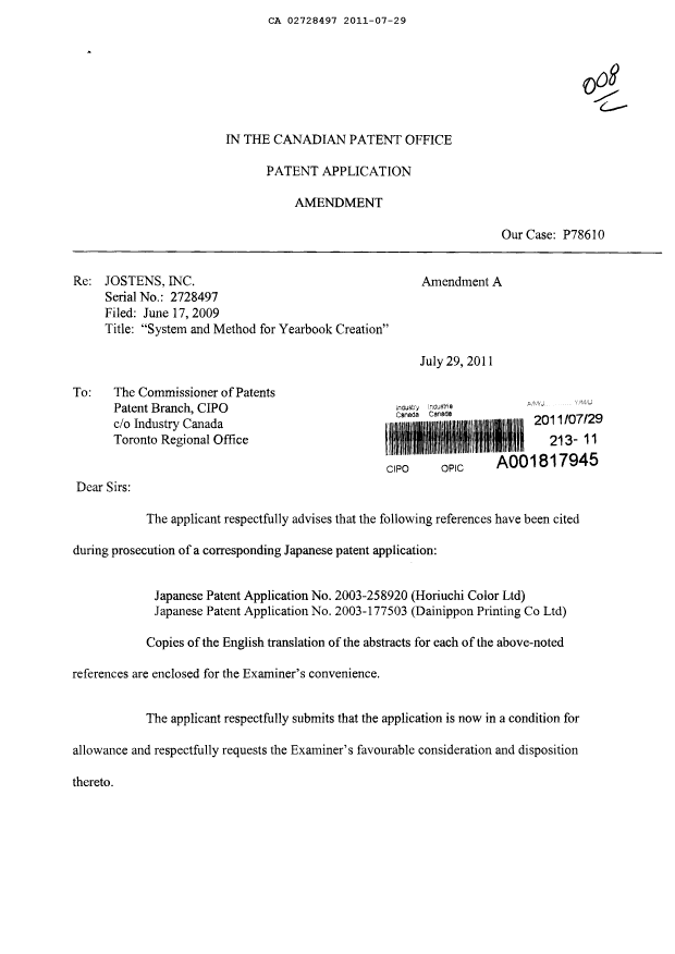 Canadian Patent Document 2728497. Prosecution-Amendment 20101229. Image 1 of 2