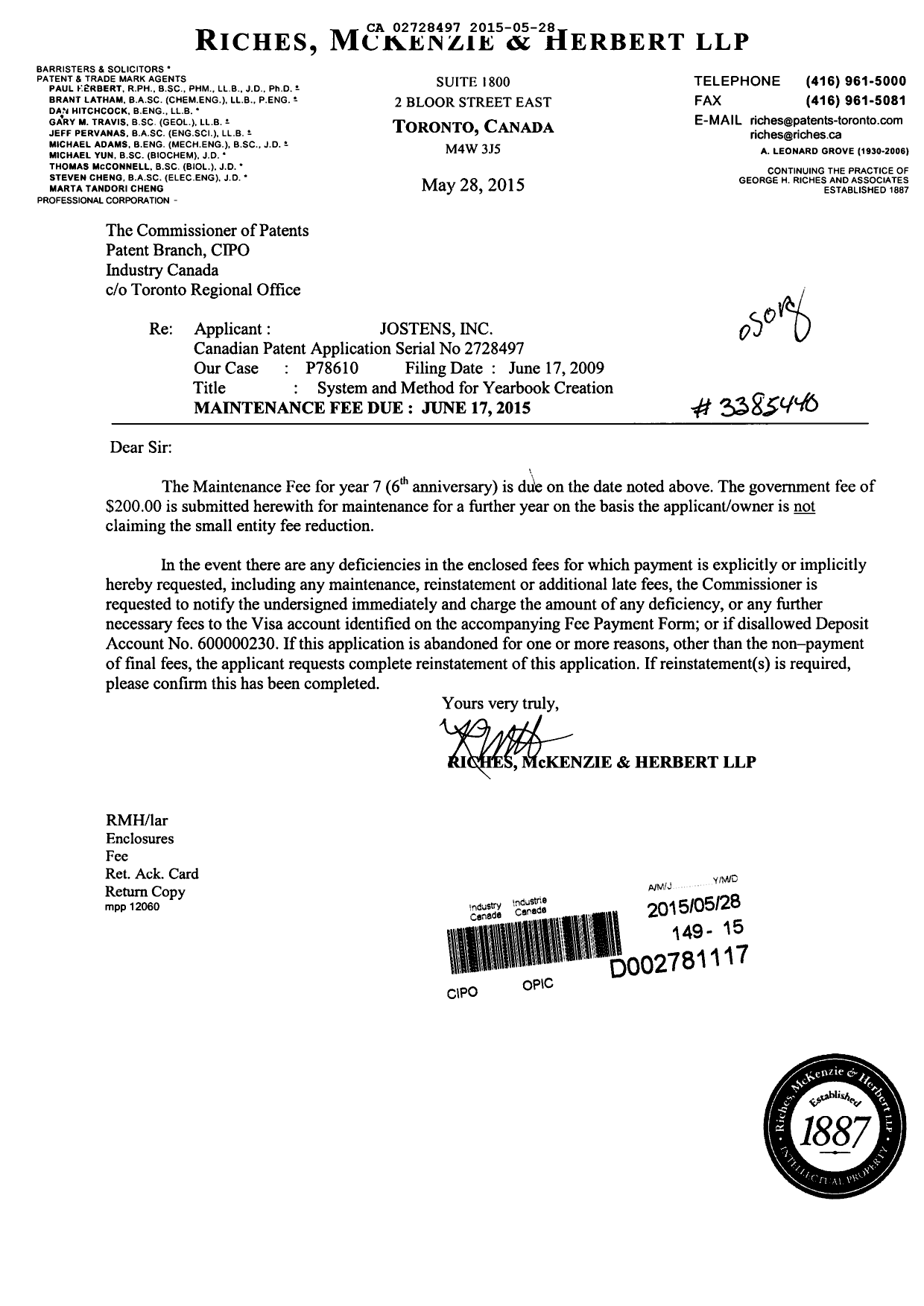 Document de brevet canadien 2728497. Taxes 20150528. Image 1 de 1