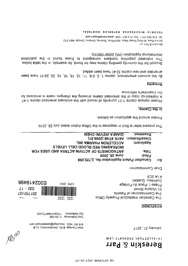 Canadian Patent Document 2729098. Prosecution-Amendment 20161227. Image 1 of 16