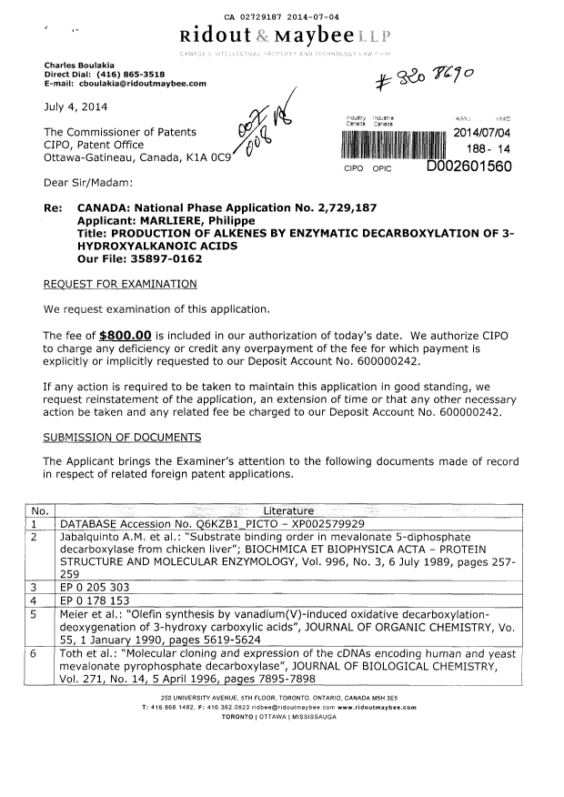Document de brevet canadien 2729187. Poursuite-Amendment 20131204. Image 1 de 2