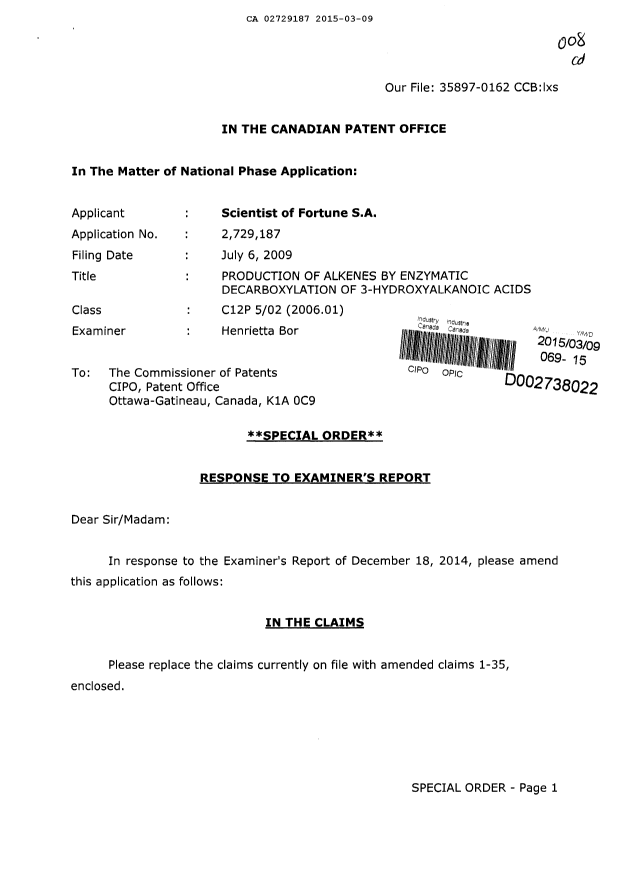 Canadian Patent Document 2729187. Prosecution-Amendment 20141209. Image 1 of 8