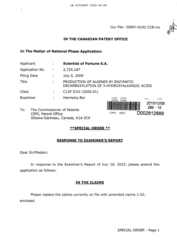 Document de brevet canadien 2729187. Poursuite-Amendment 20141209. Image 1 de 11