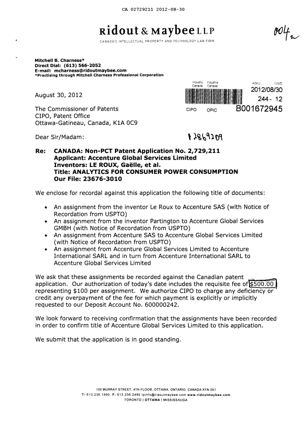 Canadian Patent Document 2729211. Assignment 20111230. Image 1 of 33
