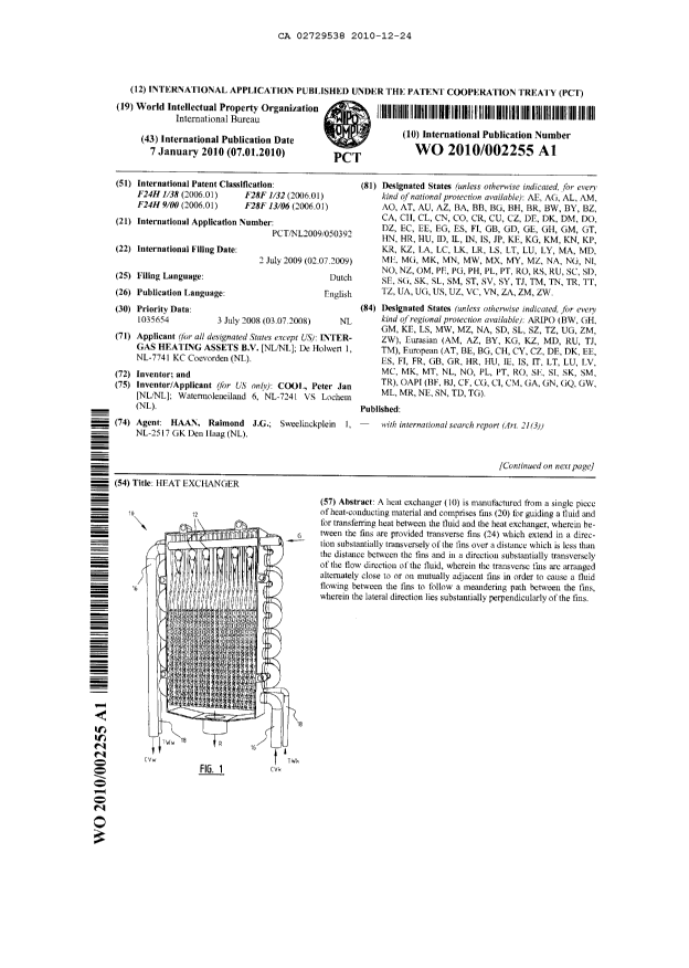 Canadian Patent Document 2729538. PCT 20101224. Image 1 of 13
