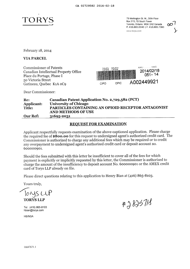 Canadian Patent Document 2729582. Prosecution-Amendment 20131218. Image 1 of 1