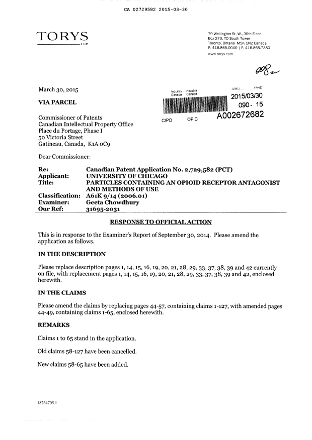Canadian Patent Document 2729582. Prosecution-Amendment 20141230. Image 1 of 23