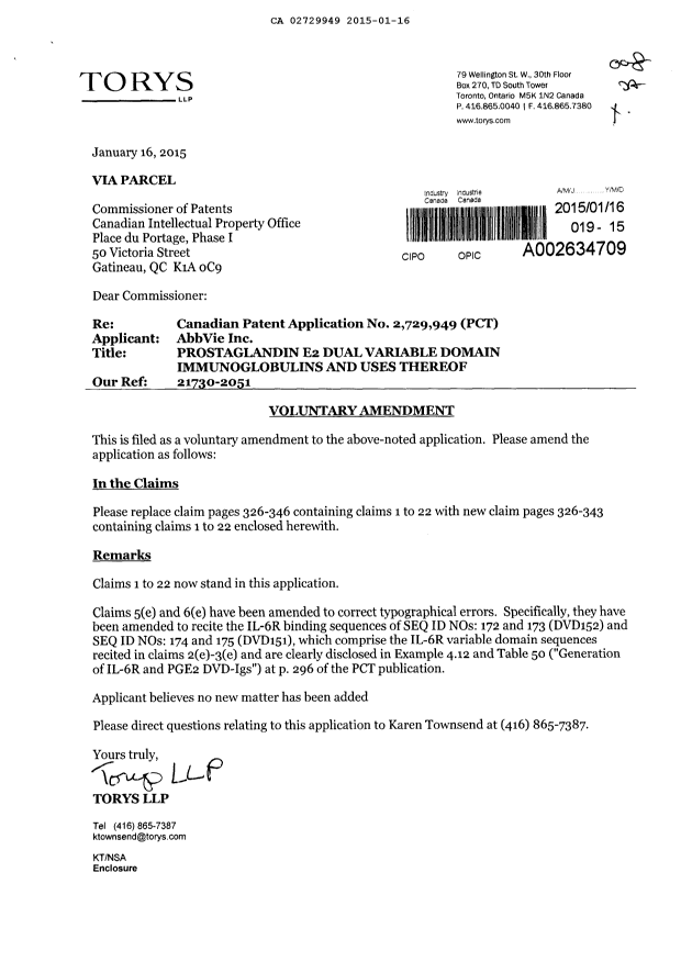 Document de brevet canadien 2729949. Poursuite-Amendment 20150116. Image 1 de 19