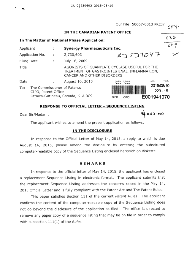 Canadian Patent Document 2730603. Prosecution-Amendment 20141210. Image 1 of 2