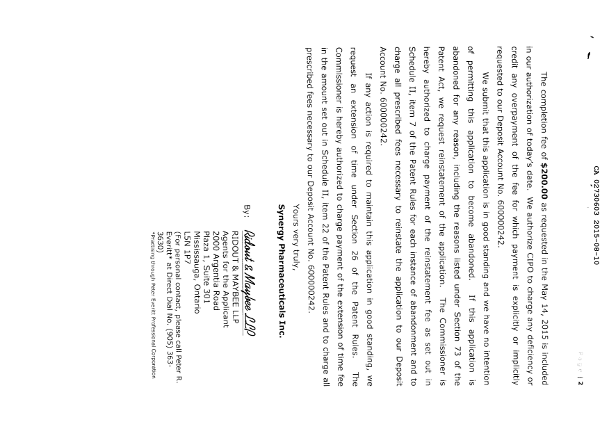 Document de brevet canadien 2730603. Correspondance 20141210. Image 2 de 2