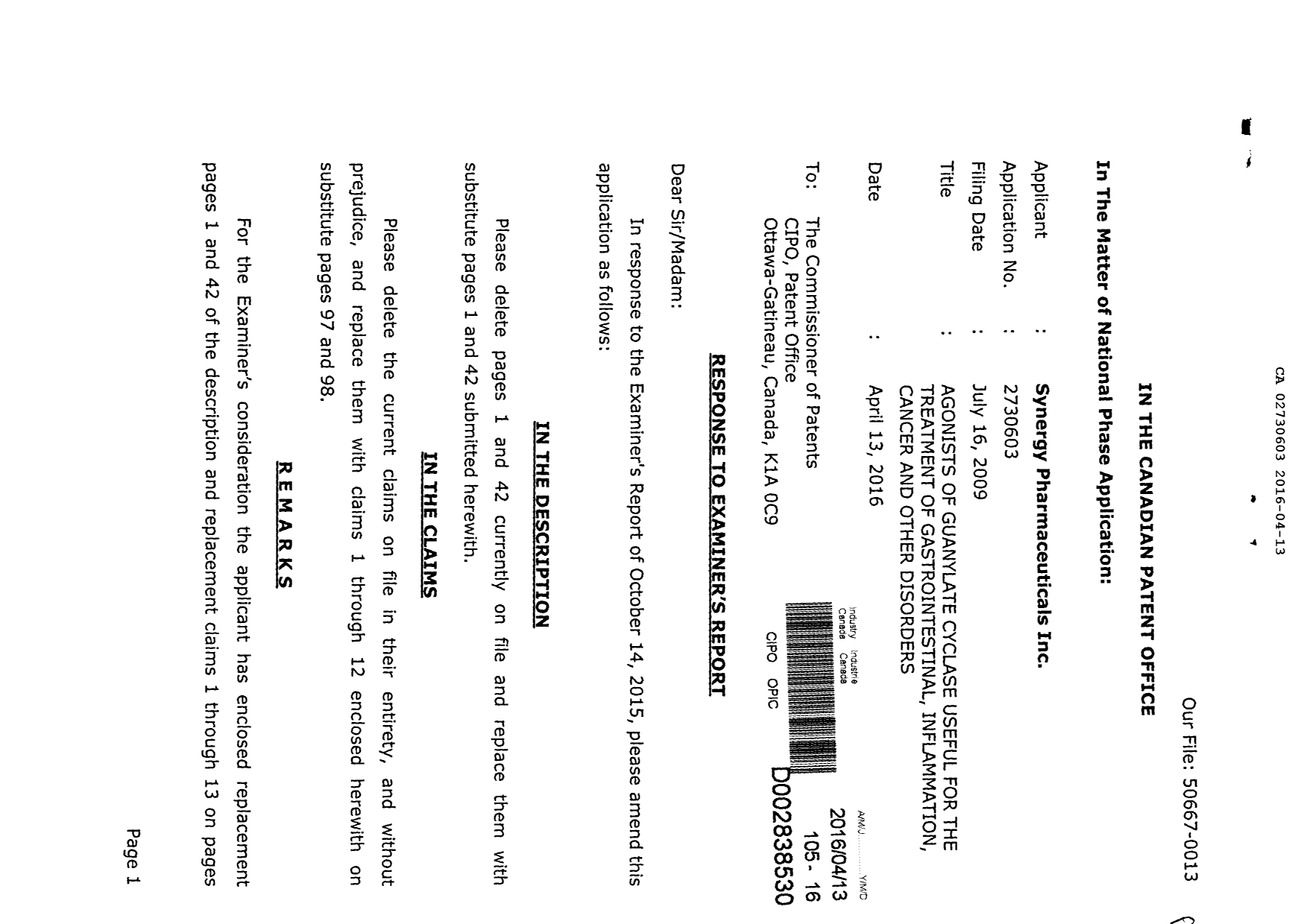 Document de brevet canadien 2730603. Poursuite-Amendment 20151213. Image 1 de 7