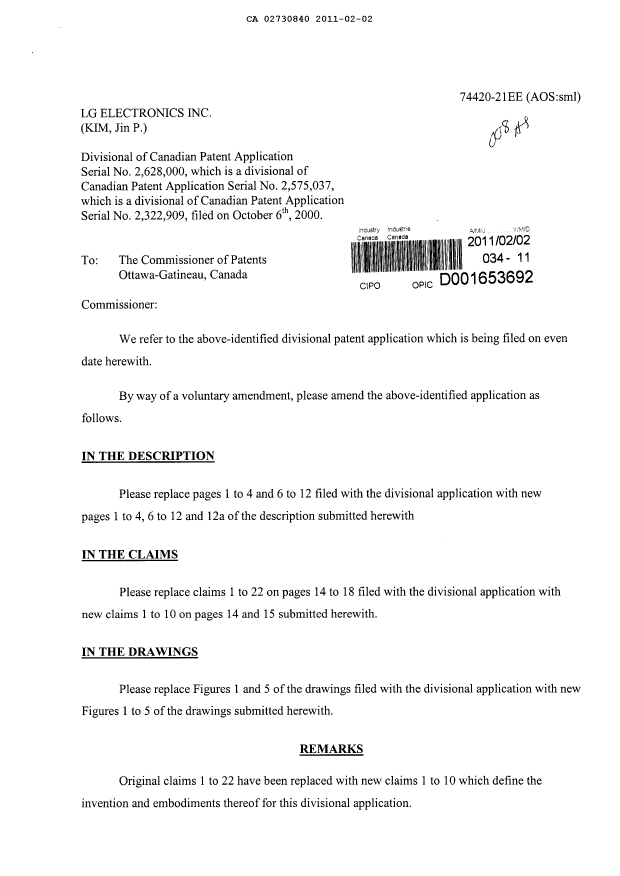 Document de brevet canadien 2730840. Poursuite-Amendment 20101202. Image 1 de 19