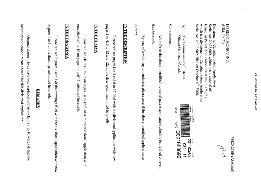 Document de brevet canadien 2730840. Poursuite-Amendment 20101202. Image 1 de 19