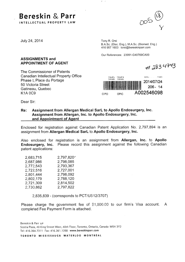 Document de brevet canadien 2730862. Cession 20140724. Image 1 de 26