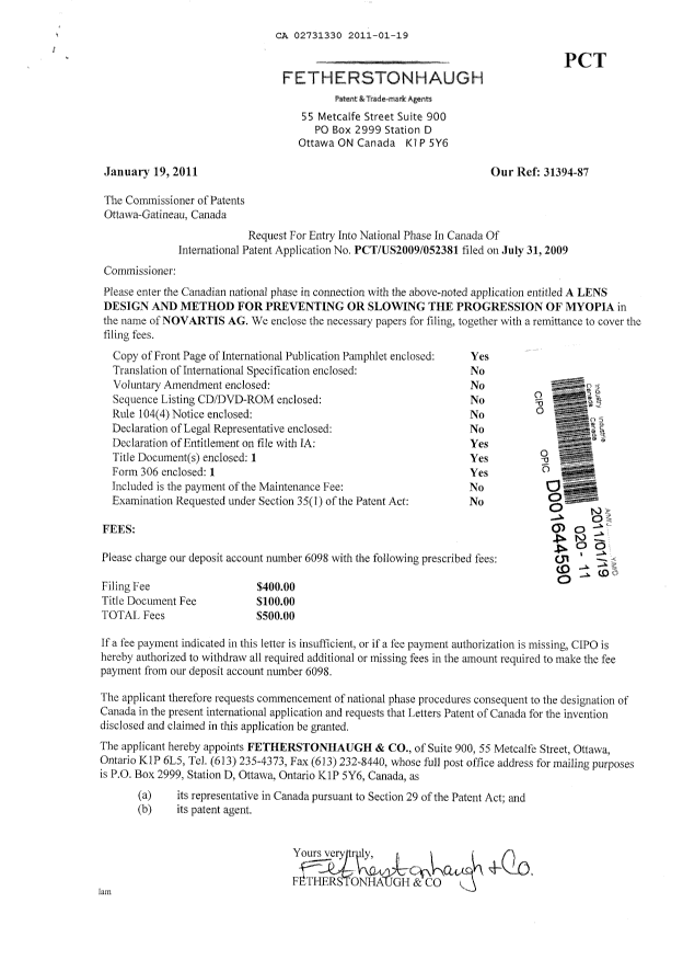 Document de brevet canadien 2731330. Cession 20110119. Image 1 de 5