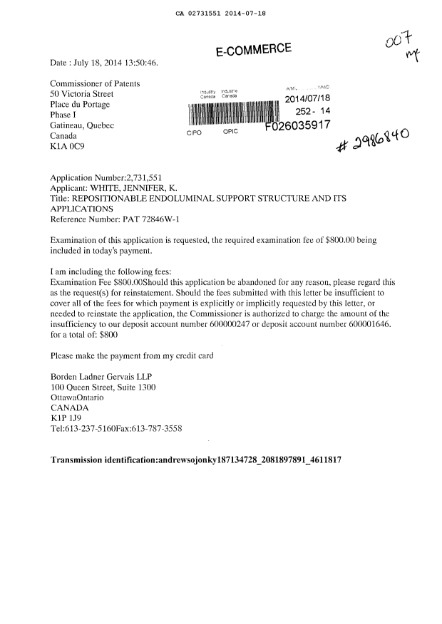 Canadian Patent Document 2731551. Prosecution-Amendment 20140718. Image 1 of 1