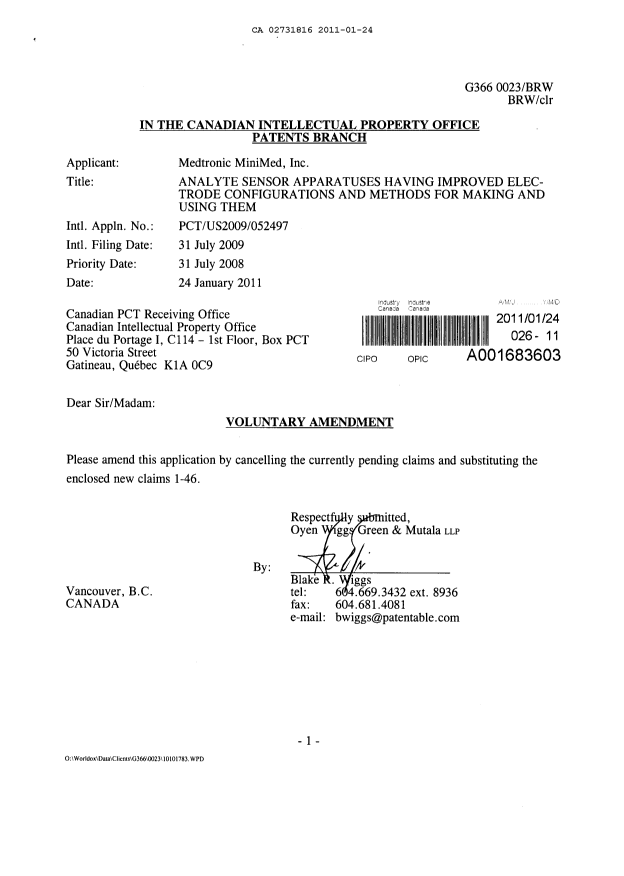 Canadian Patent Document 2731816. Prosecution-Amendment 20110124. Image 1 of 9