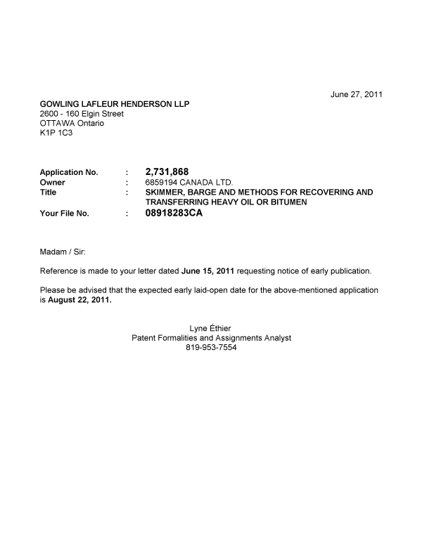 Document de brevet canadien 2731868. Correspondance 20101227. Image 1 de 1