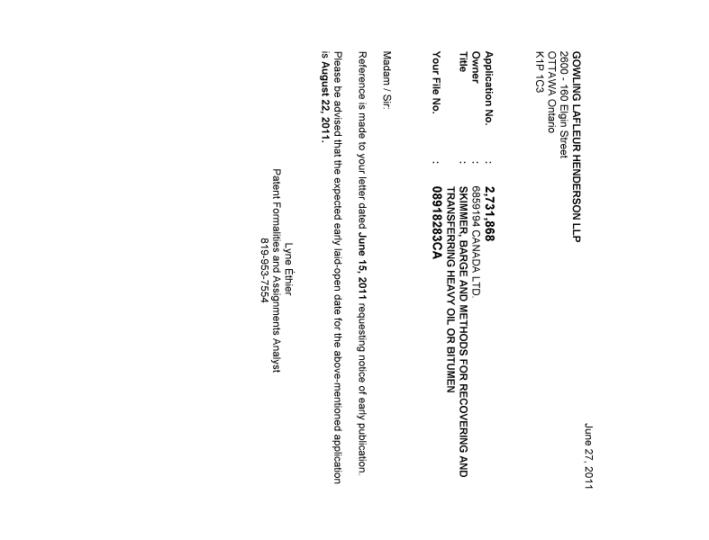 Document de brevet canadien 2731868. Correspondance 20101227. Image 1 de 1