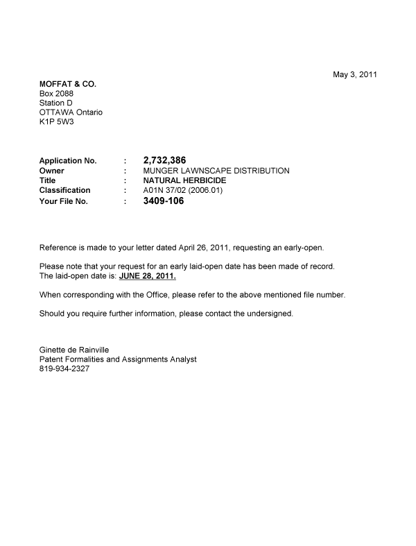 Document de brevet canadien 2732386. Correspondance 20101203. Image 1 de 1