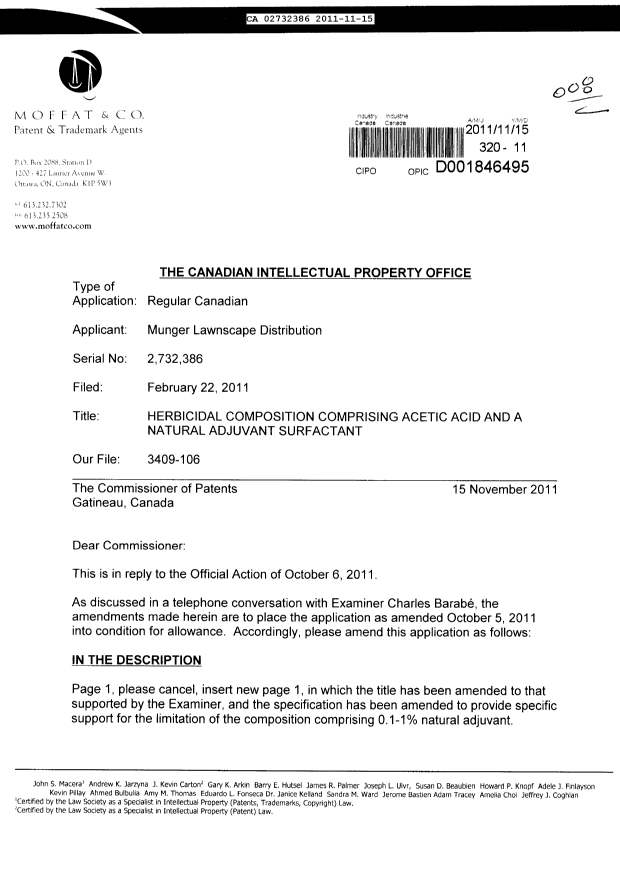 Canadian Patent Document 2732386. Prosecution-Amendment 20111115. Image 1 of 5