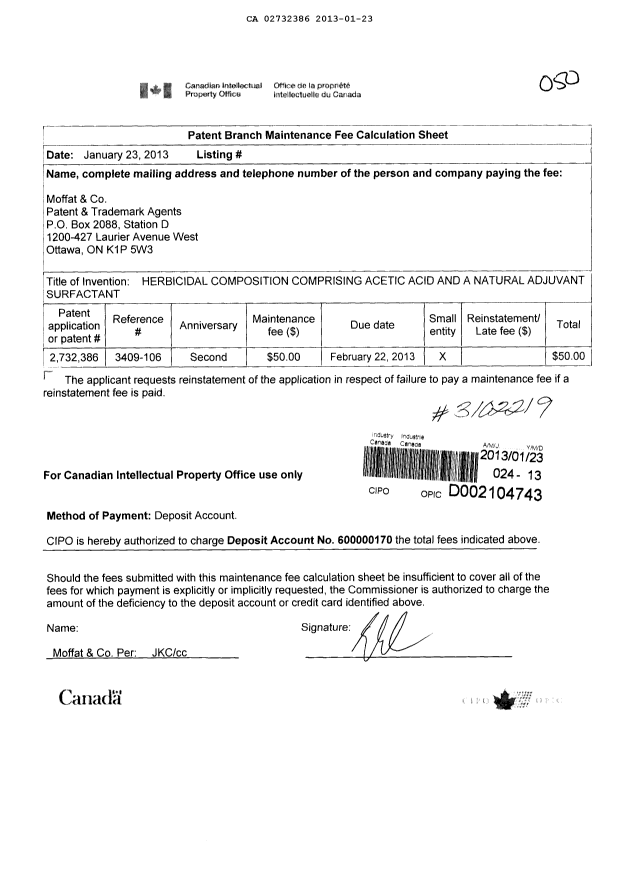 Document de brevet canadien 2732386. Taxes 20121223. Image 1 de 1