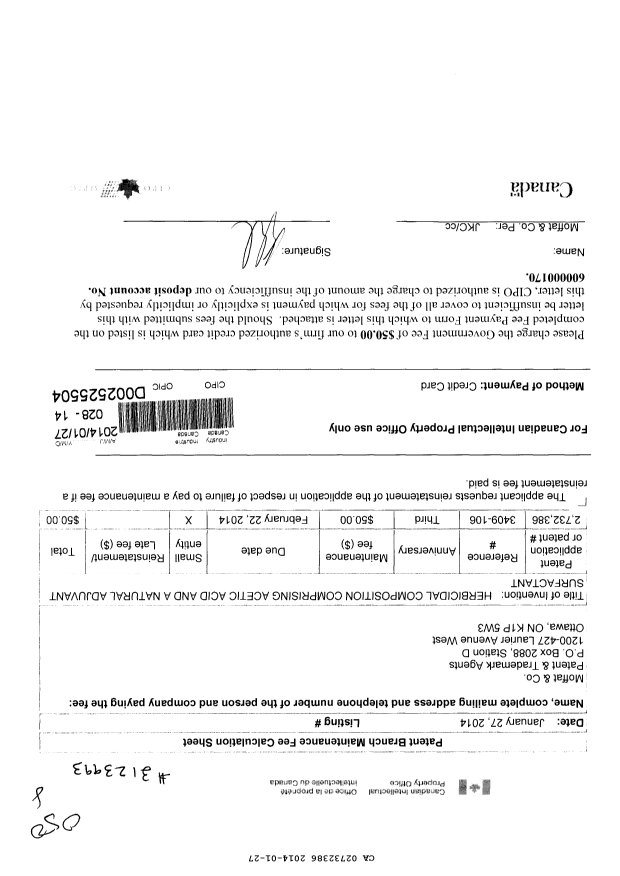 Document de brevet canadien 2732386. Taxes 20131227. Image 1 de 1