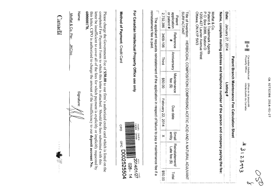 Document de brevet canadien 2732386. Taxes 20131227. Image 1 de 1