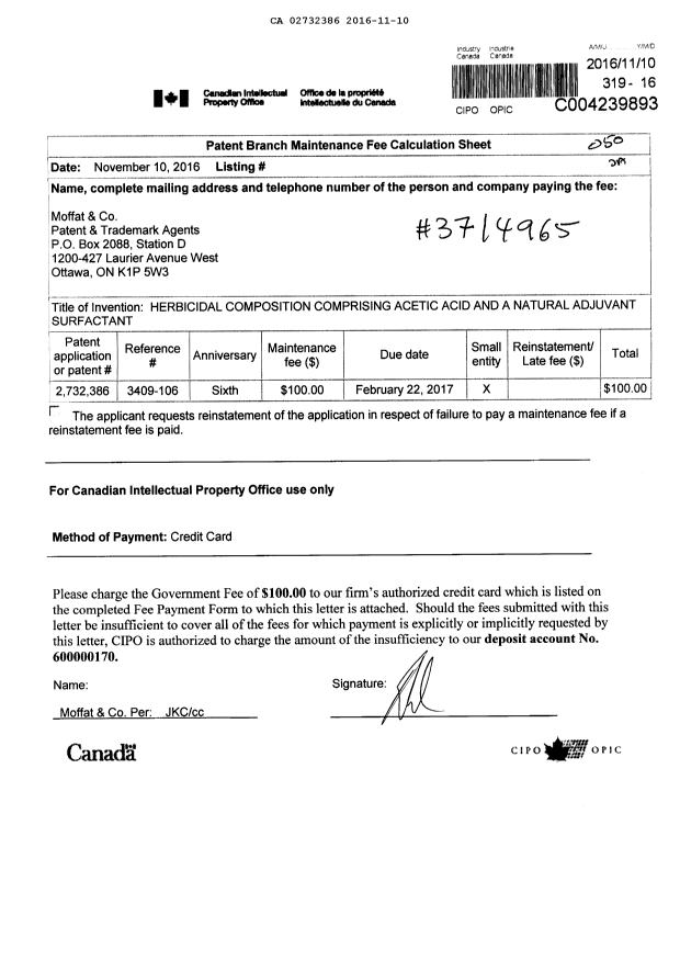 Document de brevet canadien 2732386. Taxes 20151210. Image 1 de 1