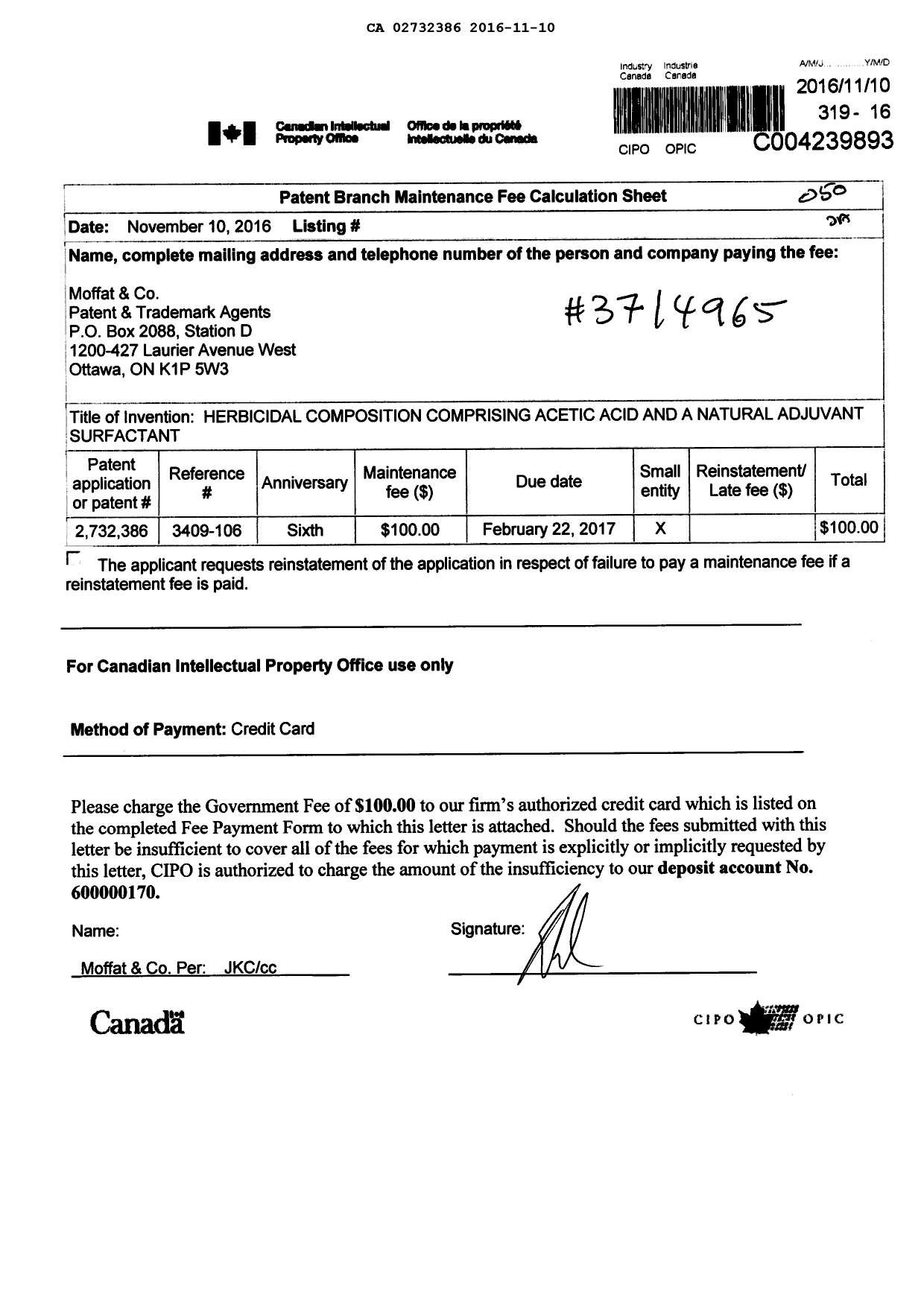 Canadian Patent Document 2732386. Fees 20151210. Image 1 of 1
