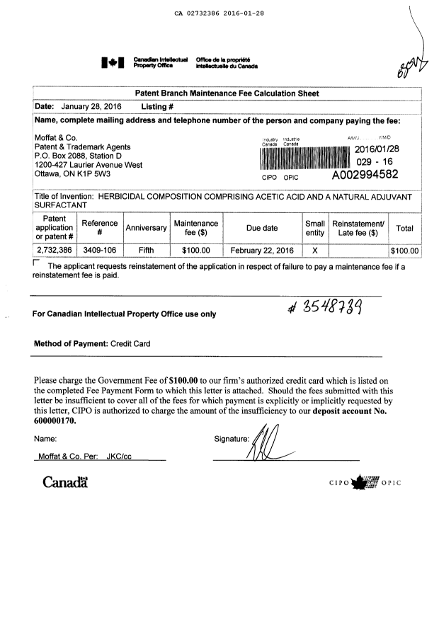 Canadian Patent Document 2732386. Fees 20151228. Image 1 of 1