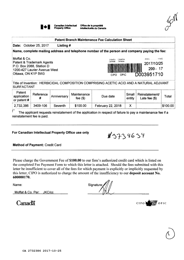 Canadian Patent Document 2732386. Fees 20161225. Image 1 of 1