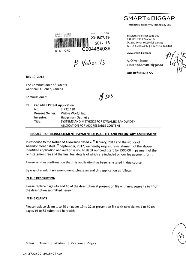 Canadian Patent Document 2732420. Amendment 20180719. Image 1 of 25